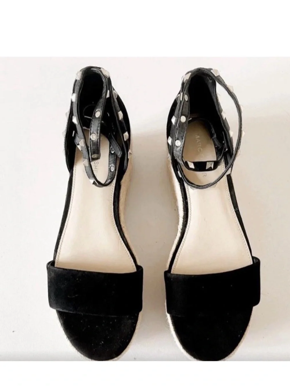 Marc Fisher Jazlyn Women 9.5 Black Suede Sexy Studded Strap Espadrilles
